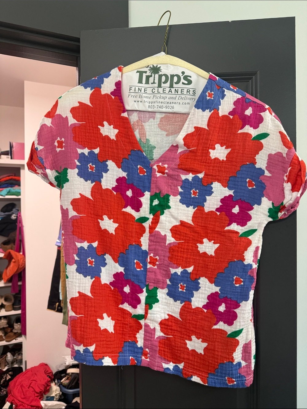 Floral Short-Sleeve Button Front Blouse - Red/Blue/Pink